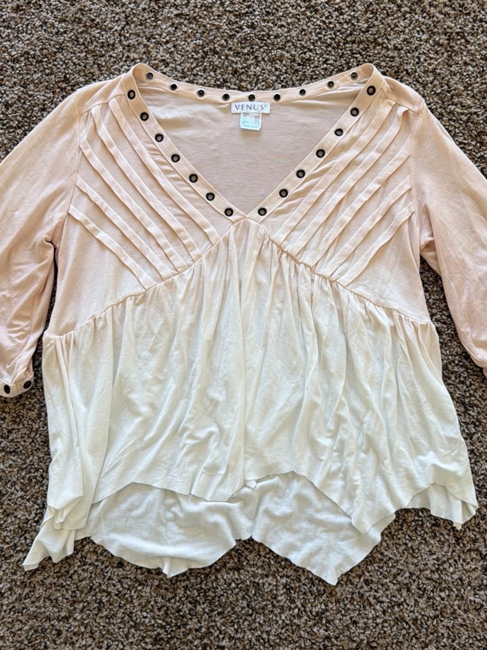VENUS Pink and Cream V-Neck Pleated Layered Tunic